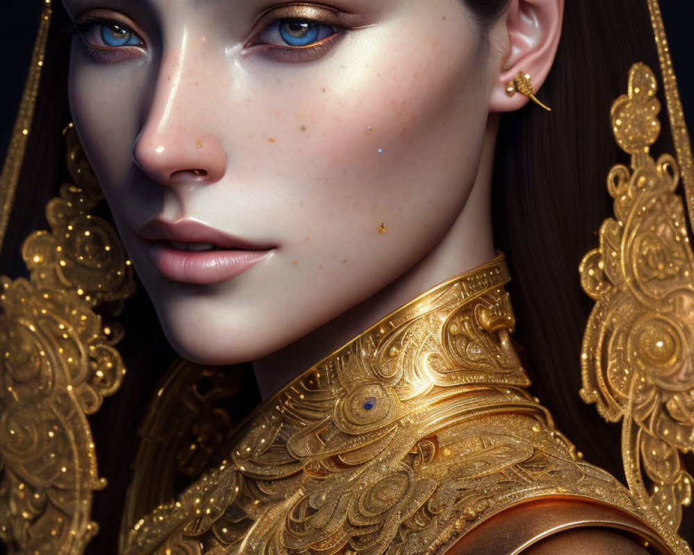 Striking Blue Eyes and Freckled Cheeks with Gold Shoulder Armor