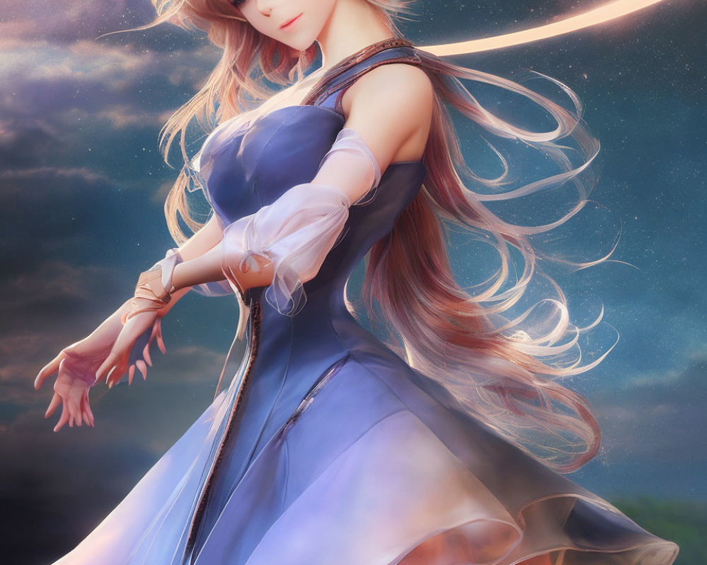 Illustration of female character in blue fantasy dress under crescent moon
