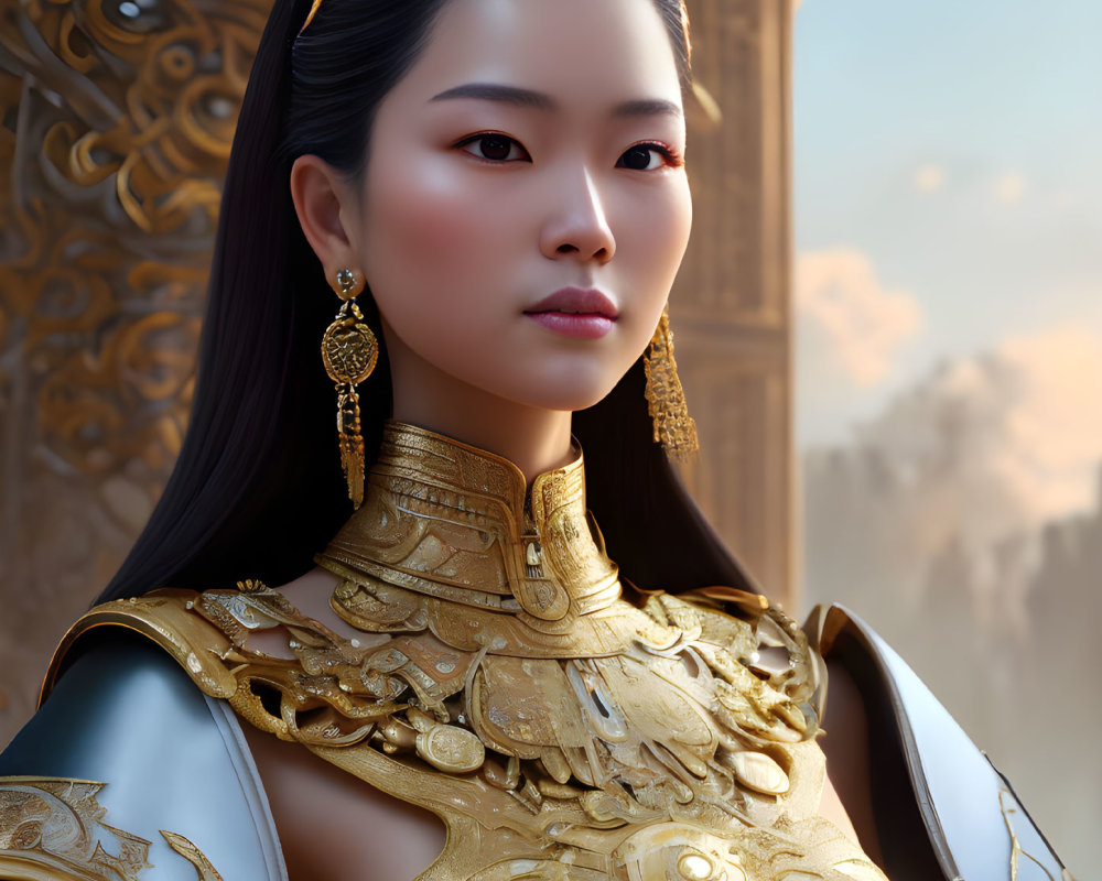 Detailed Illustration: Serene Woman in Gold Jewelry and Armor in Regal Setting