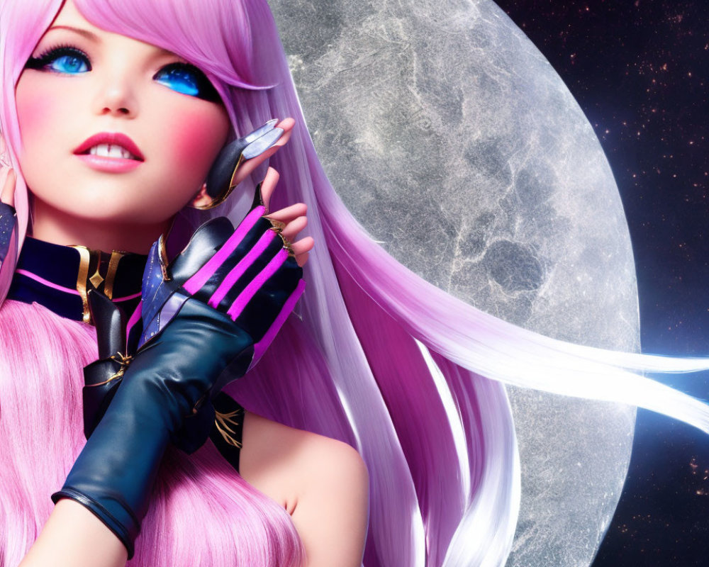 Vibrant pink-haired female character with glowing sword in cosmic moon setting