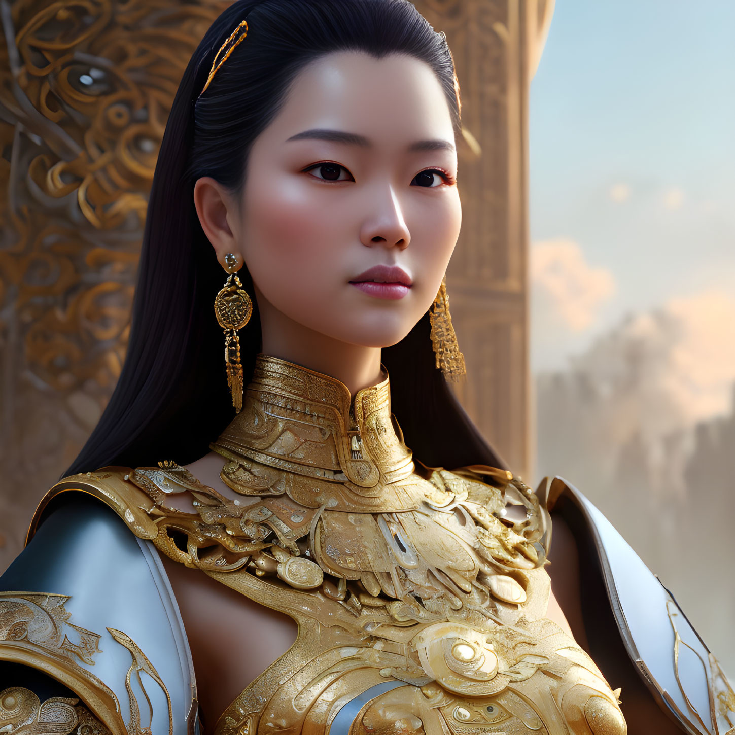Detailed Illustration: Serene Woman in Gold Jewelry and Armor in Regal Setting
