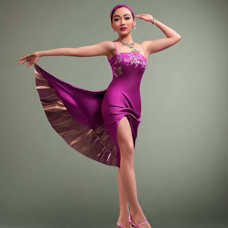 Elegant Woman in Purple Dress Dancing Pose on Gray Background