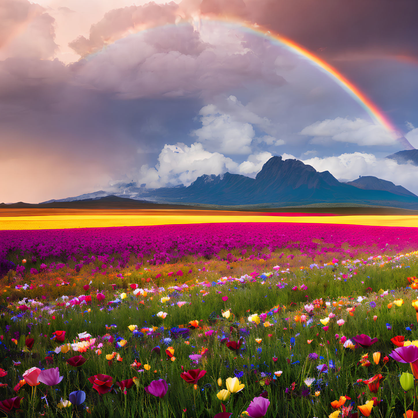Colorful Flower Field with Rainbow and Stormy Sky over Mountains