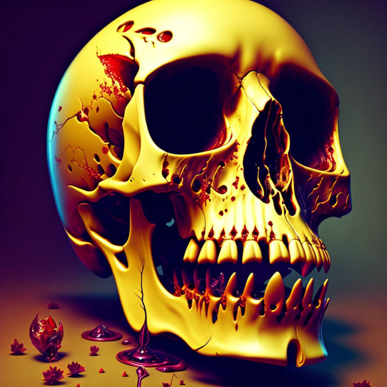 Golden Skull with Red Highlights on Dark Background with Crimson Leaves