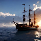 Majestic tall ship with multiple masts sailing at sunset