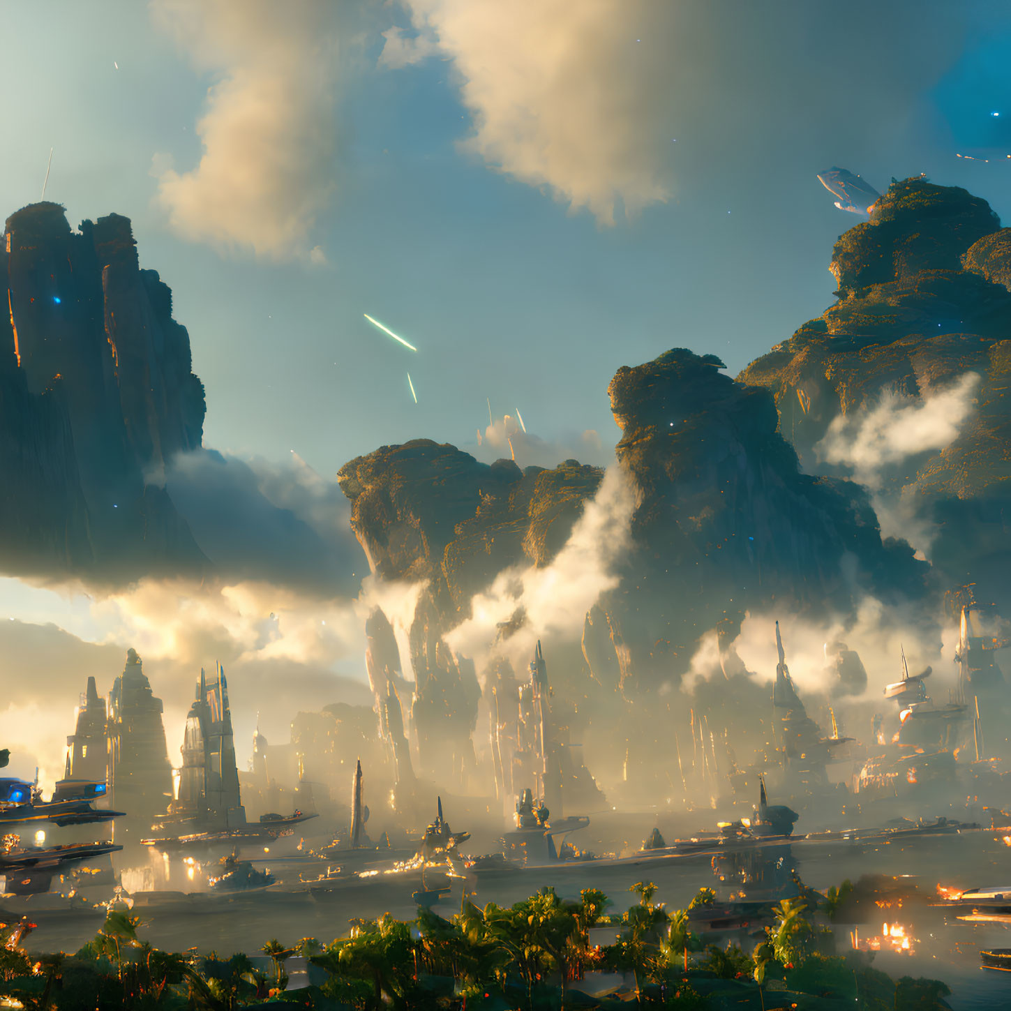 Futuristic cityscape with rock formations, advanced buildings, and flying vehicles under orange sky