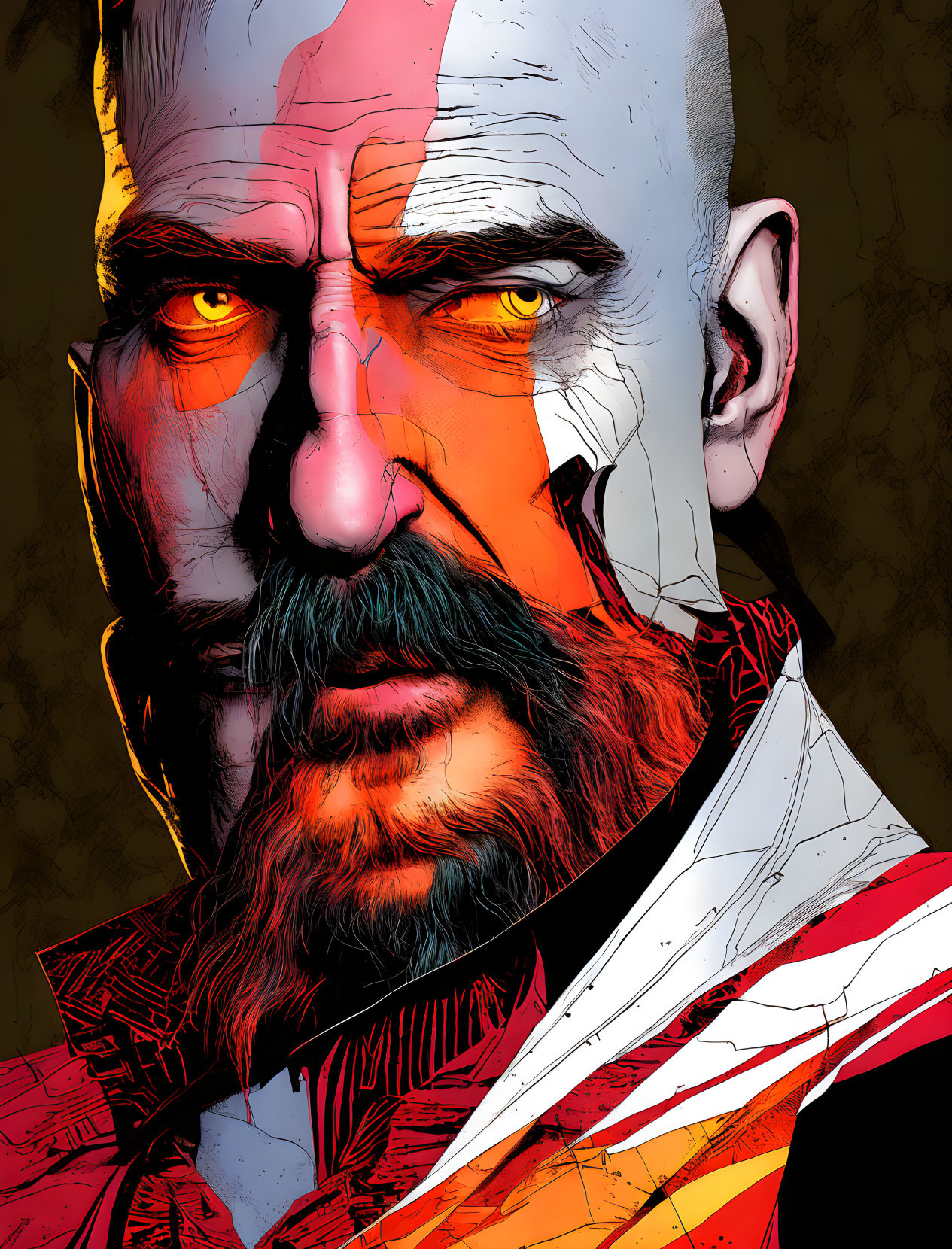 Stylized digital portrait of a man with beard and scar in red and white attire