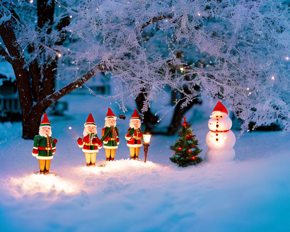 Toy Santa Clauses and Snowman in Festive Scene Under Snow-Covered Tree