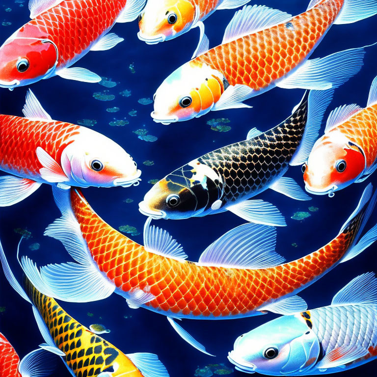 Colorful Koi Fish Illustration in Dark Blue Setting