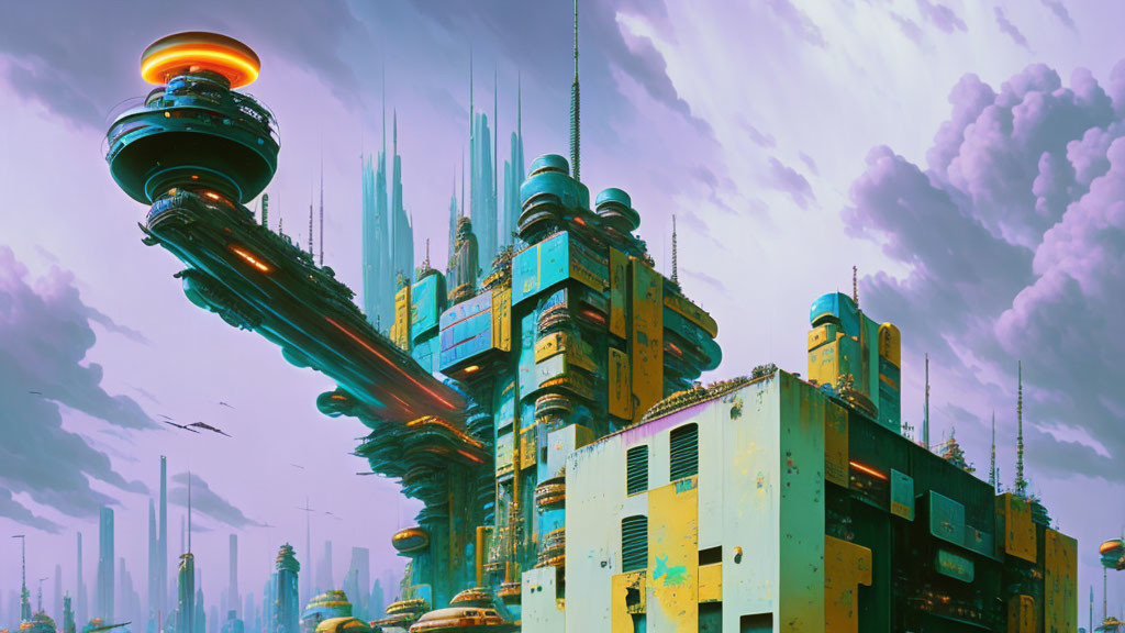 Futuristic cityscape with towering buildings and flying vehicles