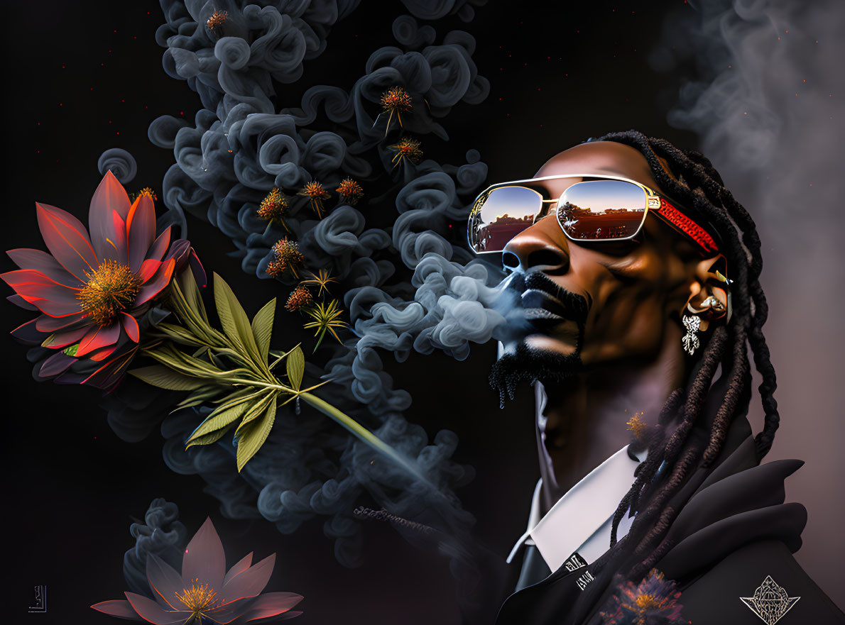 Digital artwork: Stylized man with sunglasses exhaling smoke among vibrant red flowers on dark background