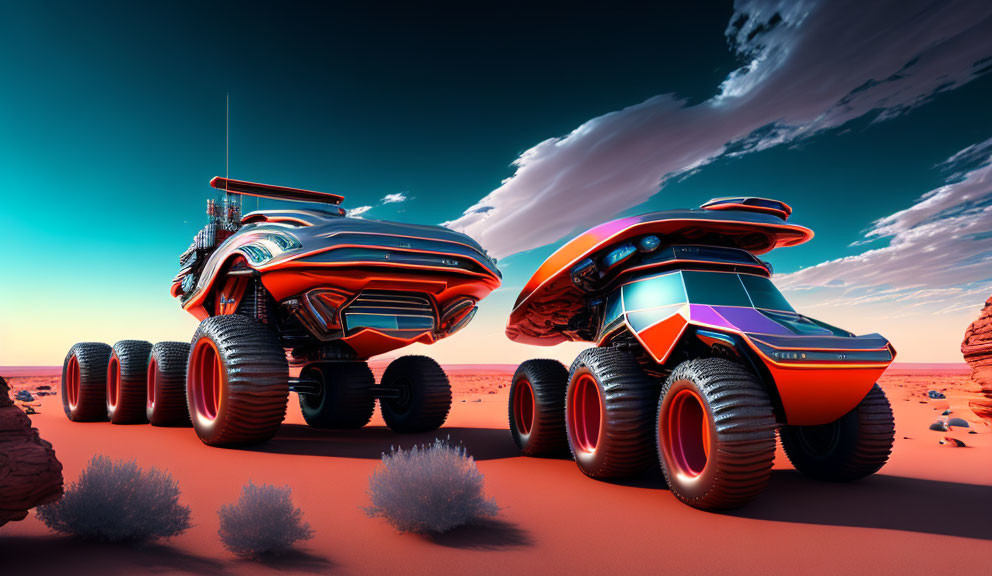 Futuristic vehicles with oversized wheels in desert landscape