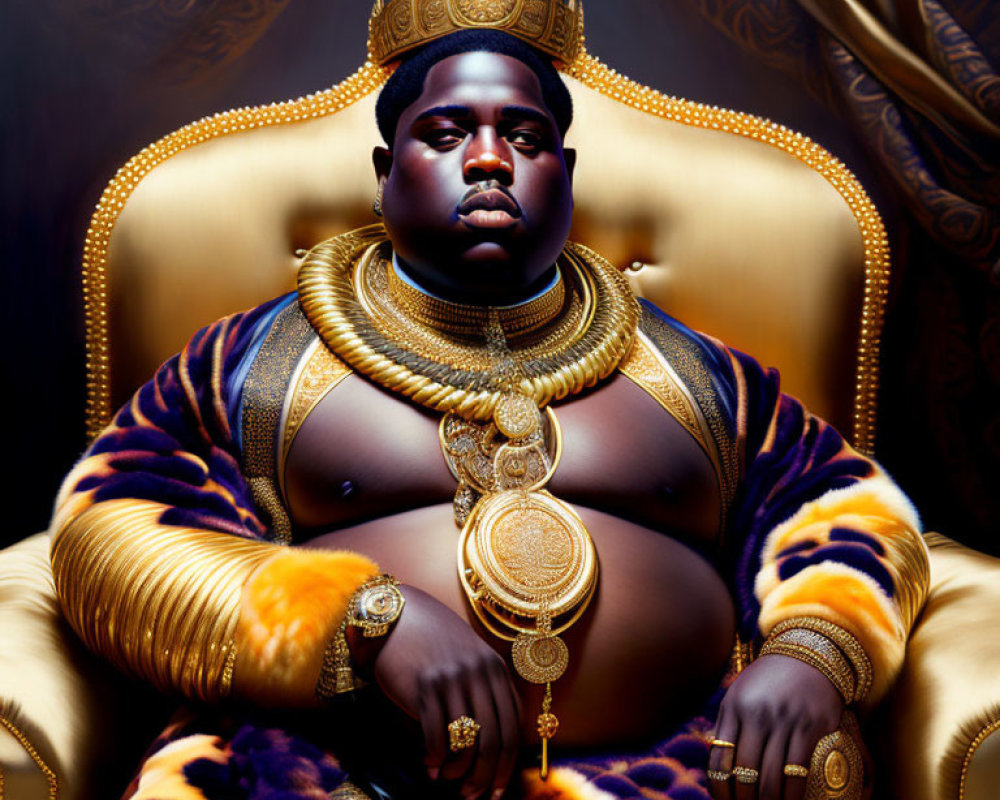 Regal person on throne with gold jewelry and crown surrounded by luxury