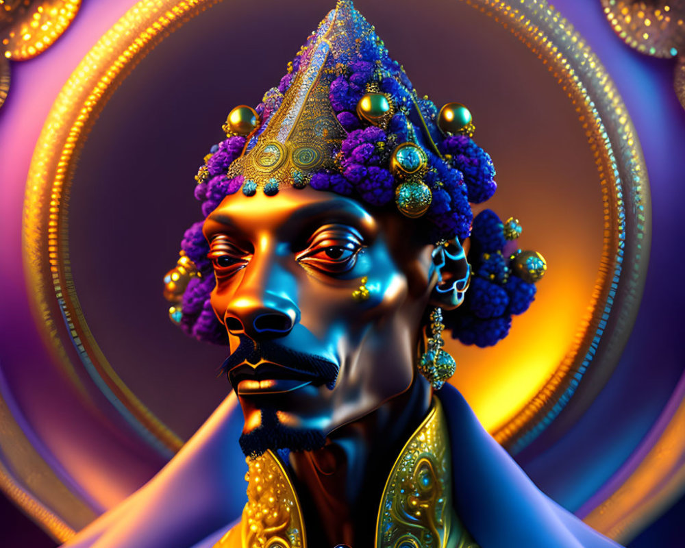Colorful Digital Artwork of Stylized Person with Ornate Headgear and Jewelry