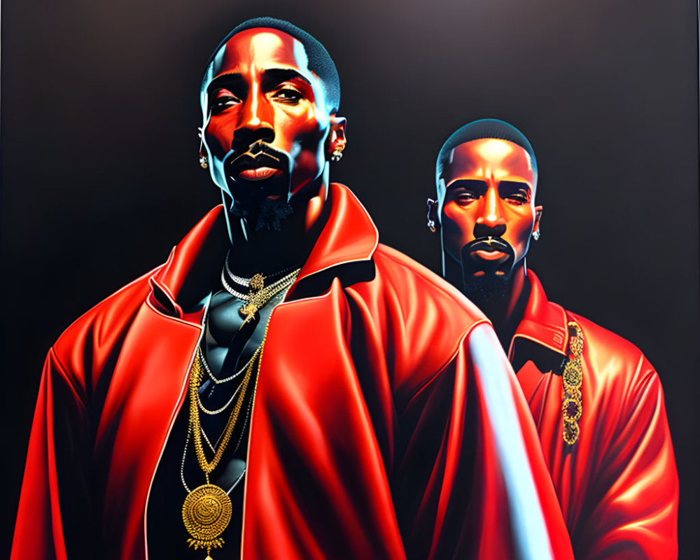 Stylized men in red jackets with gold chains on dark background
