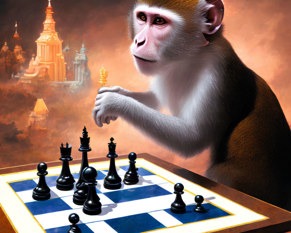 Monkey contemplating chessboard with golden temple backdrop