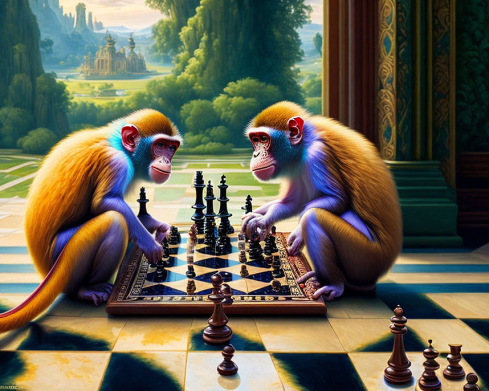 Colorful monkeys playing chess in scenic landscape with castle.