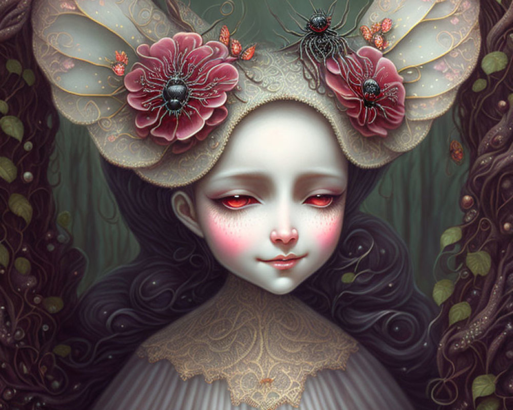 Stylized digital artwork of pale-skinned female with red eyes and floral ears, featuring black beet