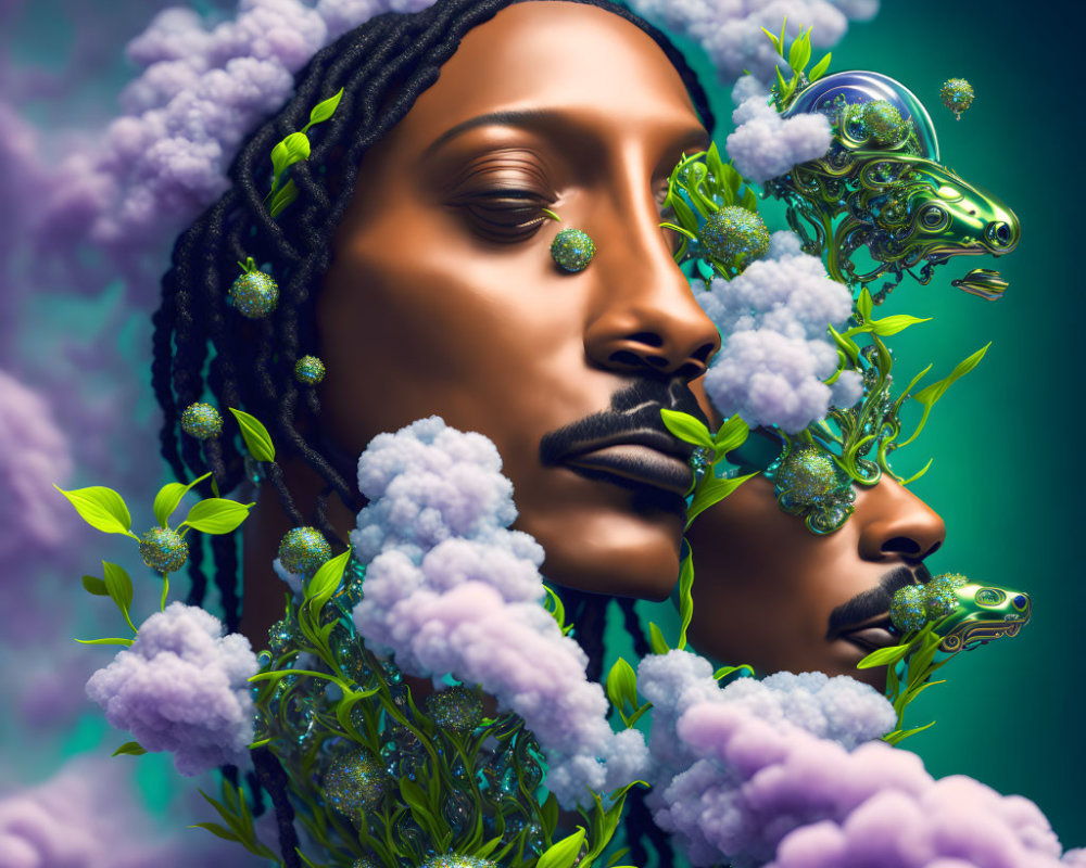 Portrait of person with dark skin, braided hair, floral elements, mirrored faces, fluffy purple clouds