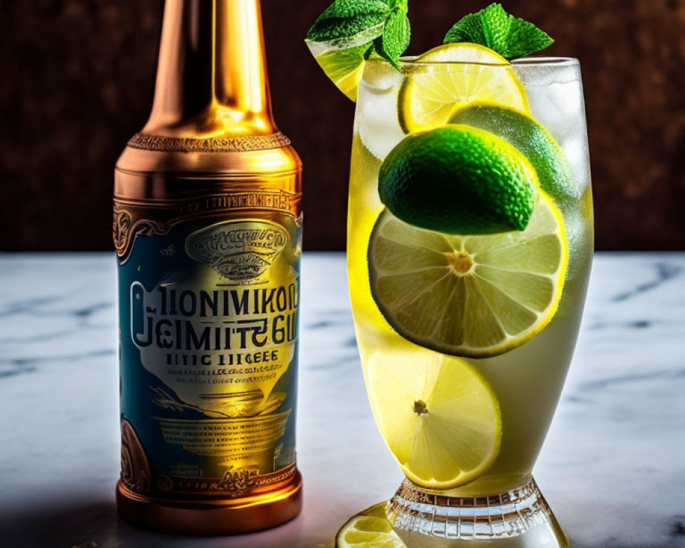Tall Glass Cocktail with Lemon Slices and Mint Garnish alongside Bronze-Colored Cyrillic Script Bottle