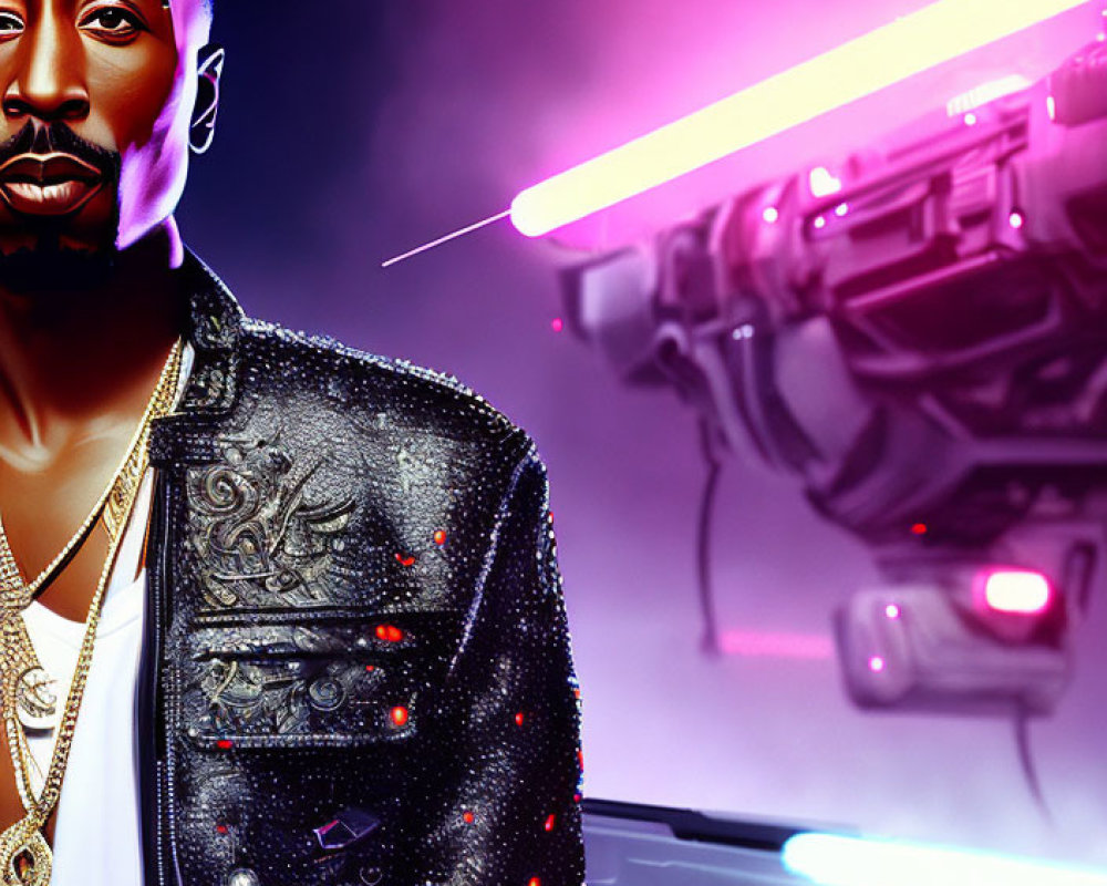 Man in Sparkling Jacket with Gold Chains in Futuristic Setting with Neon Lights and Hovering Drone