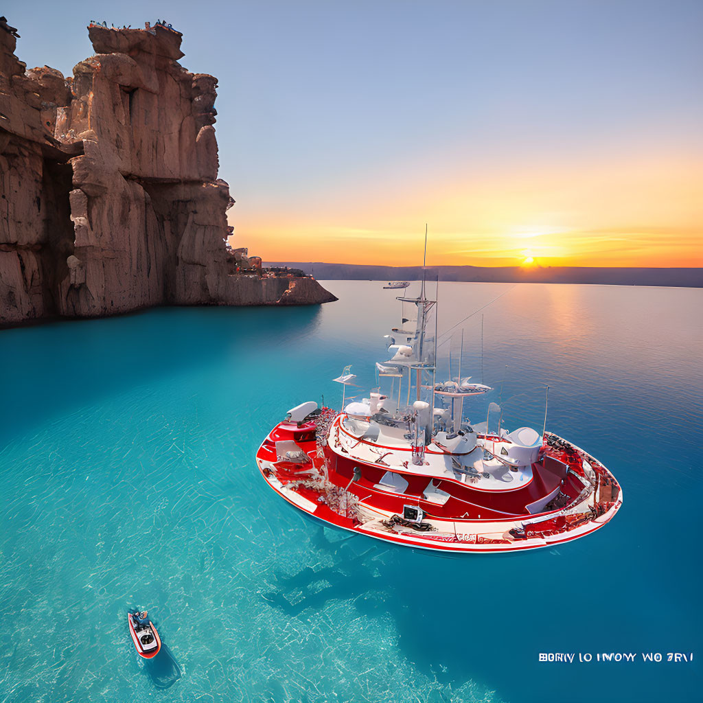 Luxury red and white yacht near cliff at sunset in turquoise waters
