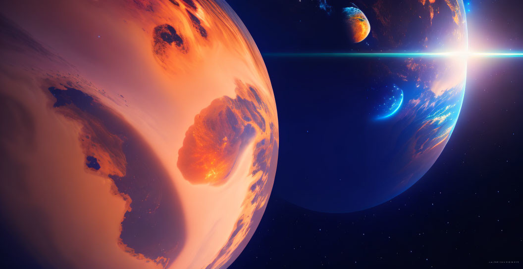 Vibrant digital artwork of two planets with blue star glow