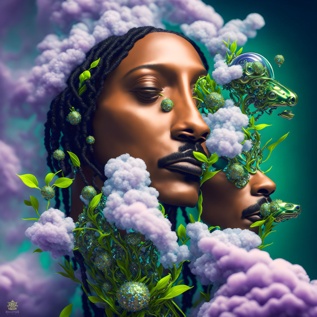 Portrait of person with dark skin, braided hair, floral elements, mirrored faces, fluffy purple clouds