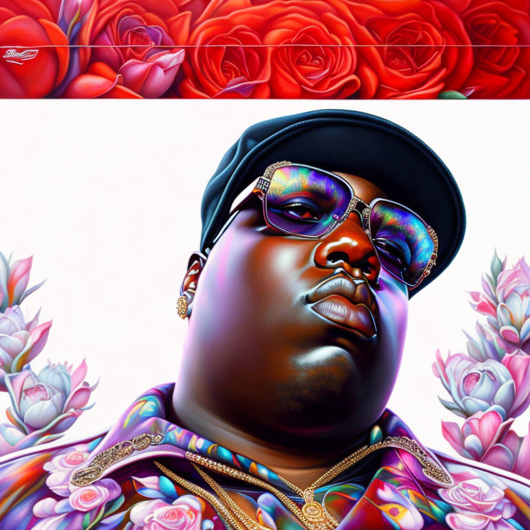 Colorful illustration: Person in sunglasses and baseball cap with vibrant roses.