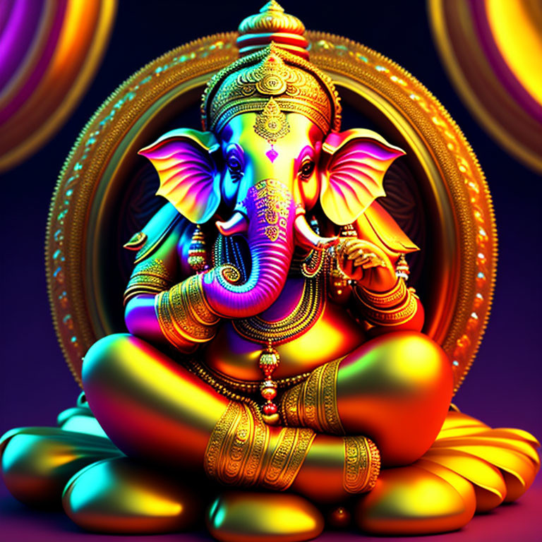 Detailed Ganesha Illustration with Gold Ornaments on Purple Background
