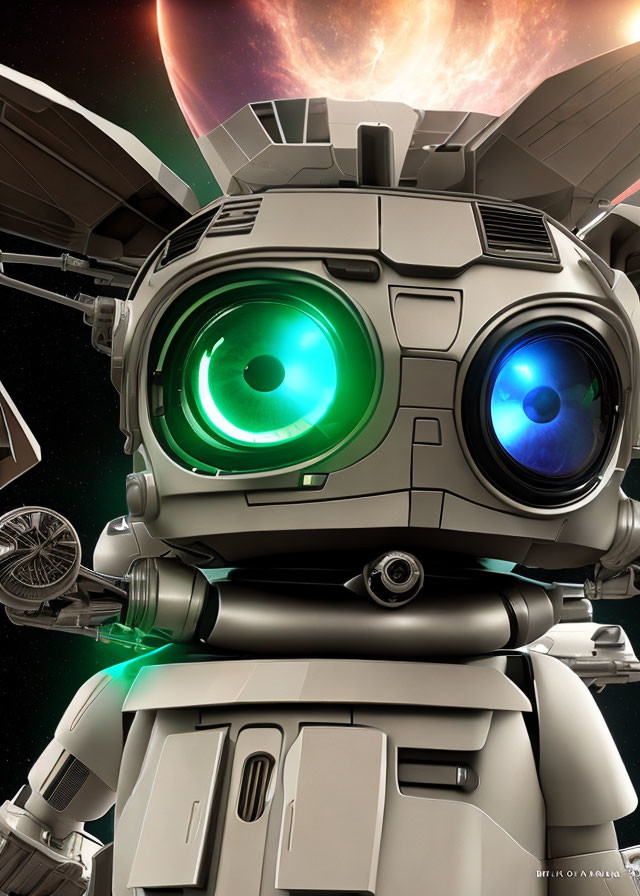 Close-up of robot's head with expressive green and blue eyes against sci-fi space backdrop.