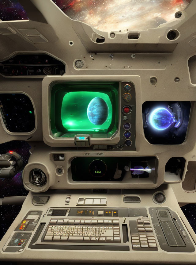 Spacecraft Cockpit View with Controls, Green Planet, and Galaxy
