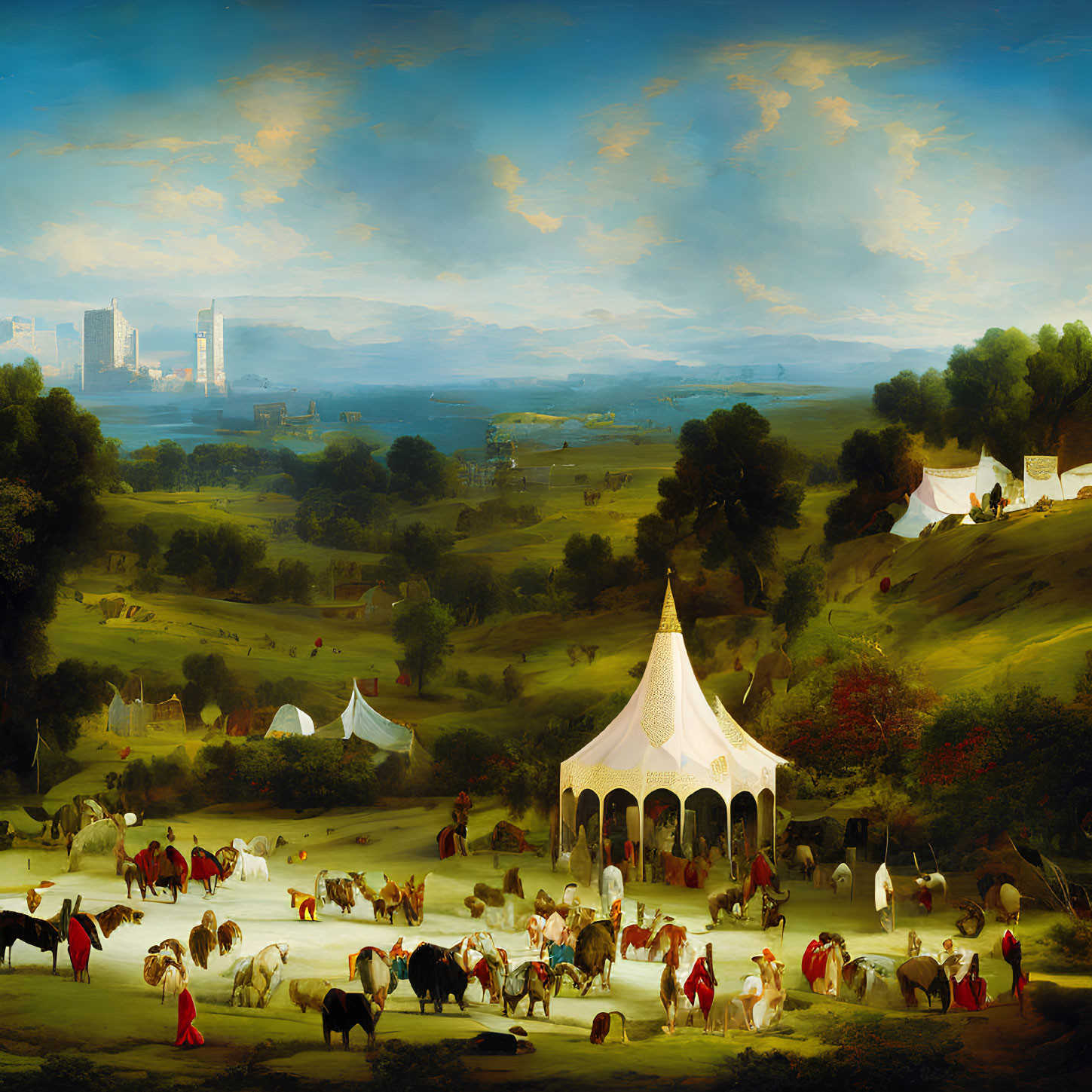 Pastoral landscape painting with classical and modern elements
