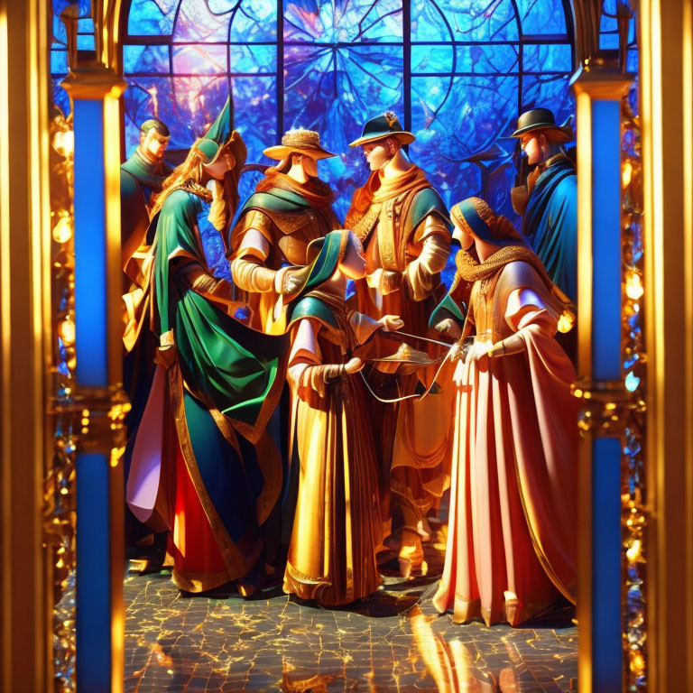 Colorful stained glass window depicting richly robed figures in a golden interior