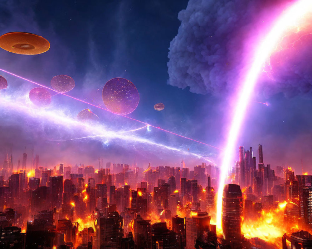 Dramatic futuristic cityscape with flames, alien ships, and light beam