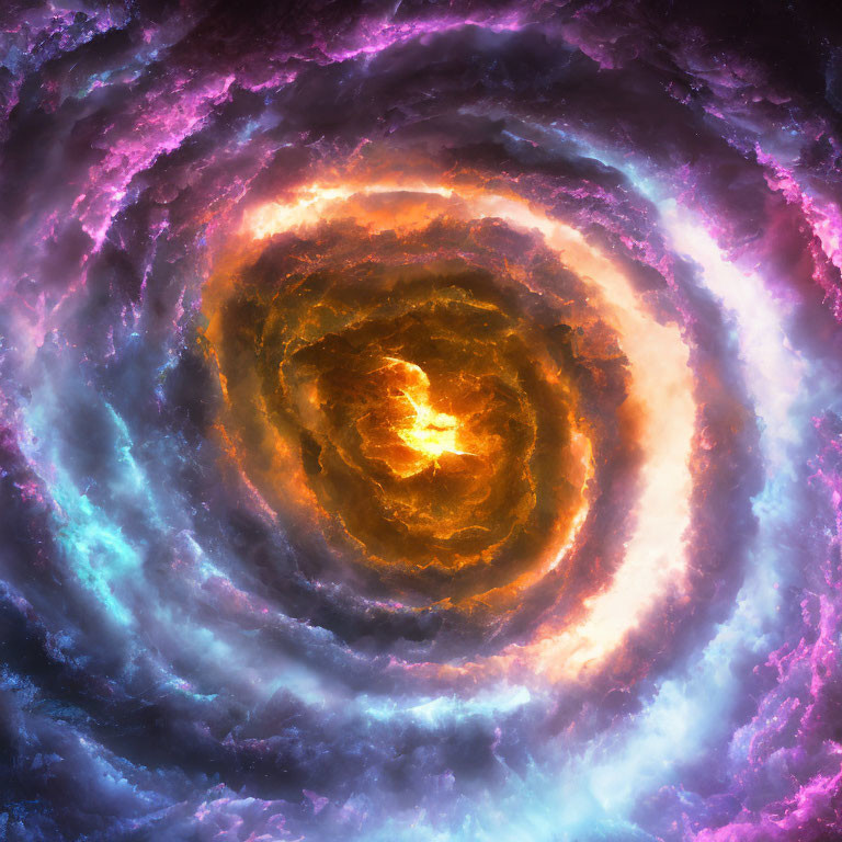 Colorful Cosmic Swirl with Orange Center and Gaseous Clouds