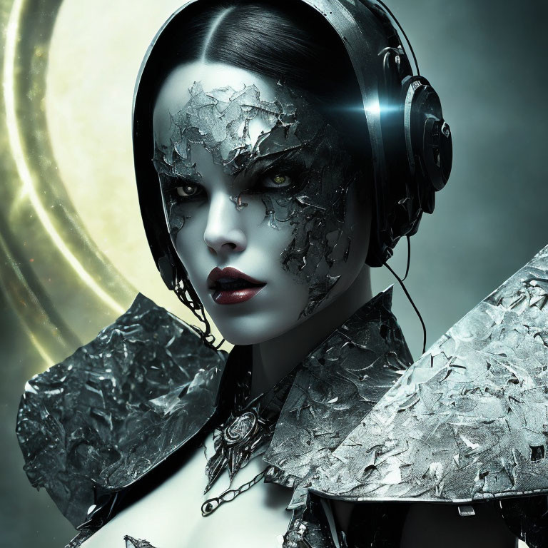 Futuristic woman with metallic skin textures and headphones in celestial setting