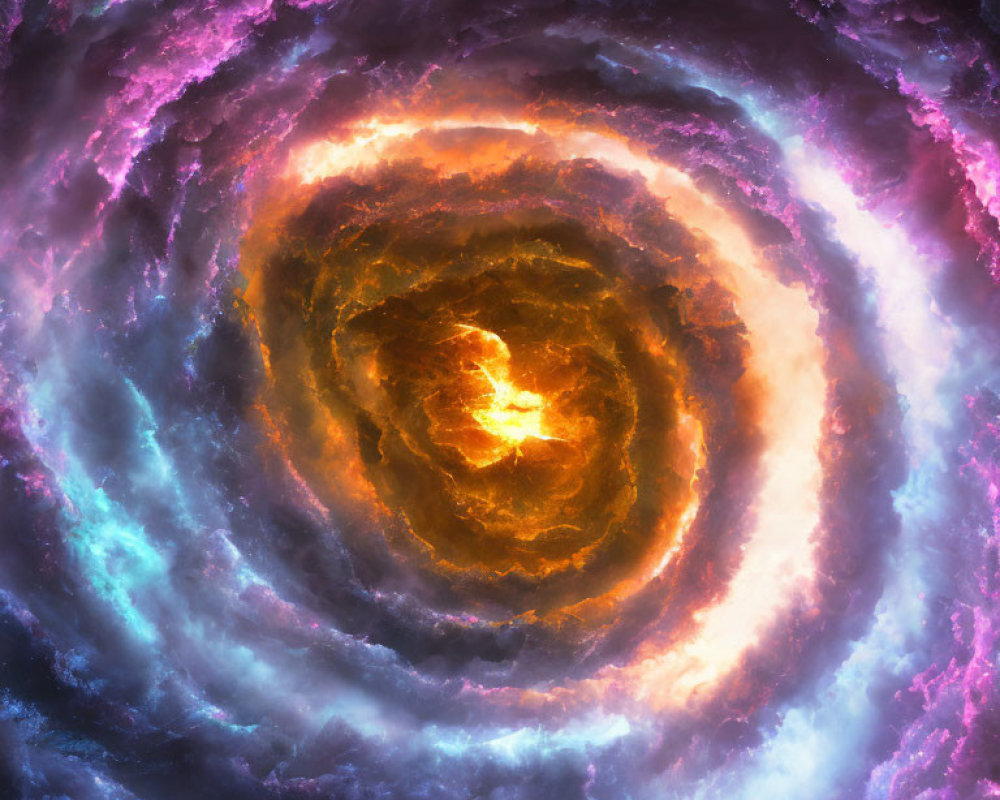 Colorful Cosmic Swirl with Orange Center and Gaseous Clouds