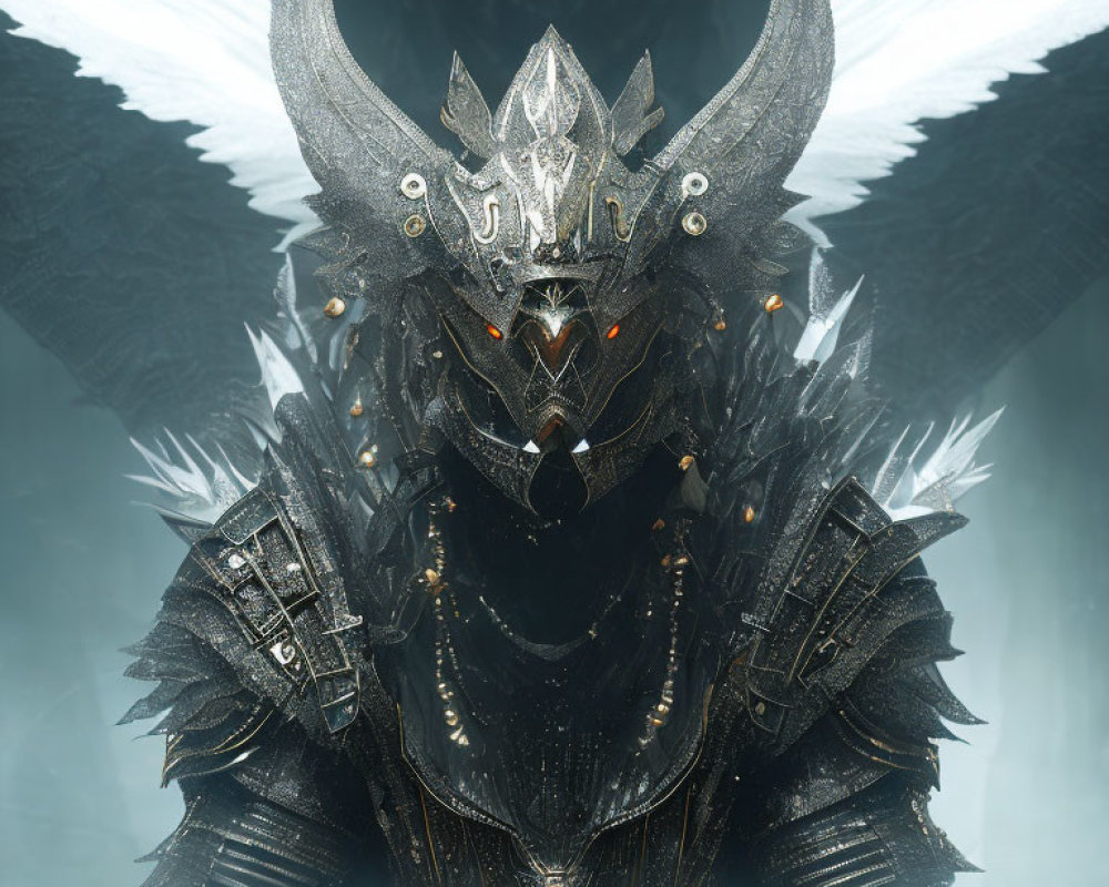 Mysterious figure in black armor with winged helmet and glowing eyes