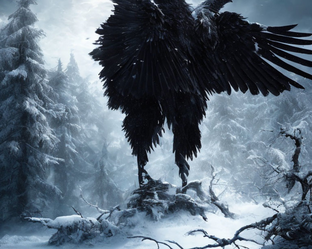 Black Raven in Snowy Forest Landscape