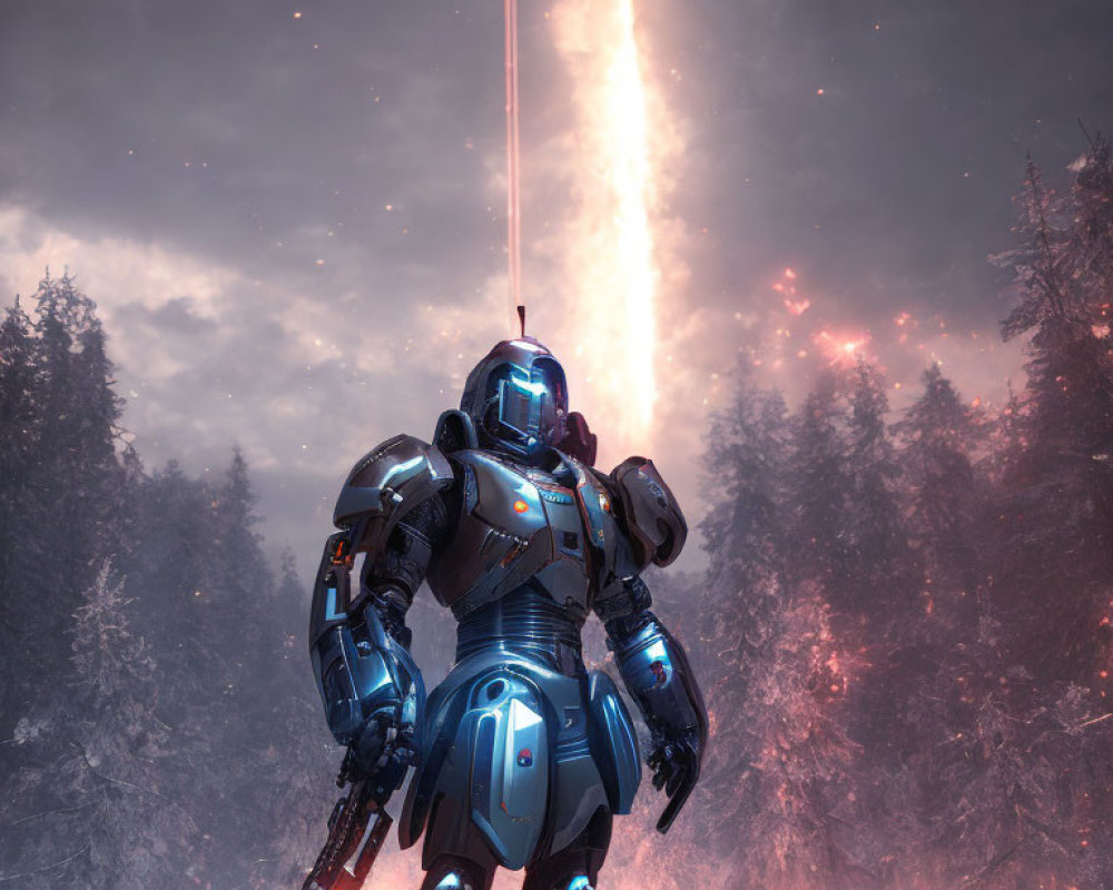 Robot warrior in fiery forest landscape under descending light beam