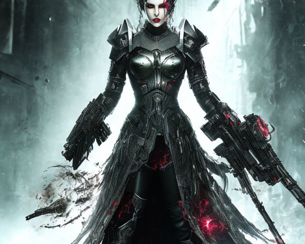 Elaborately detailed female figure in dark fantasy armor wields futuristic weapon in snowy forest