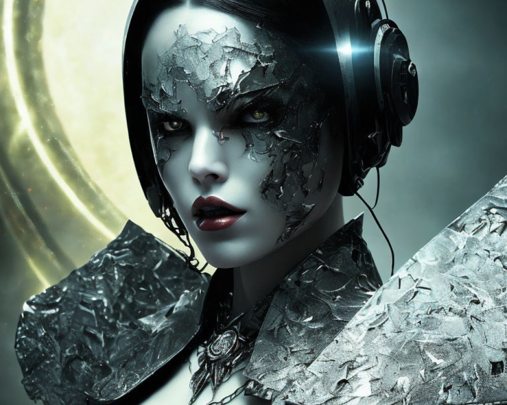 Futuristic woman with metallic skin textures and headphones in celestial setting