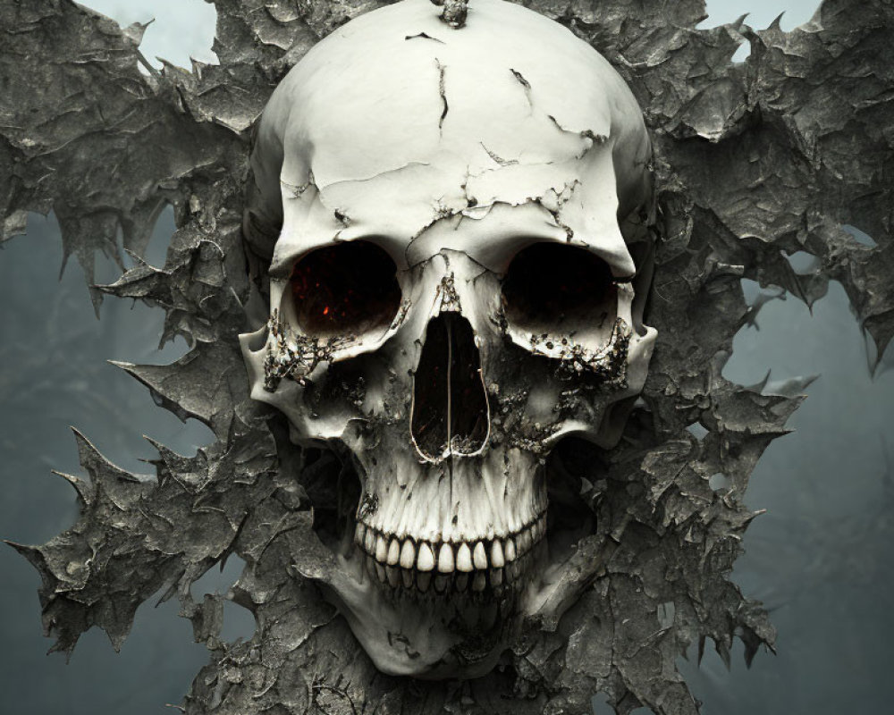 Realistic human skull with cracked wings on misty background