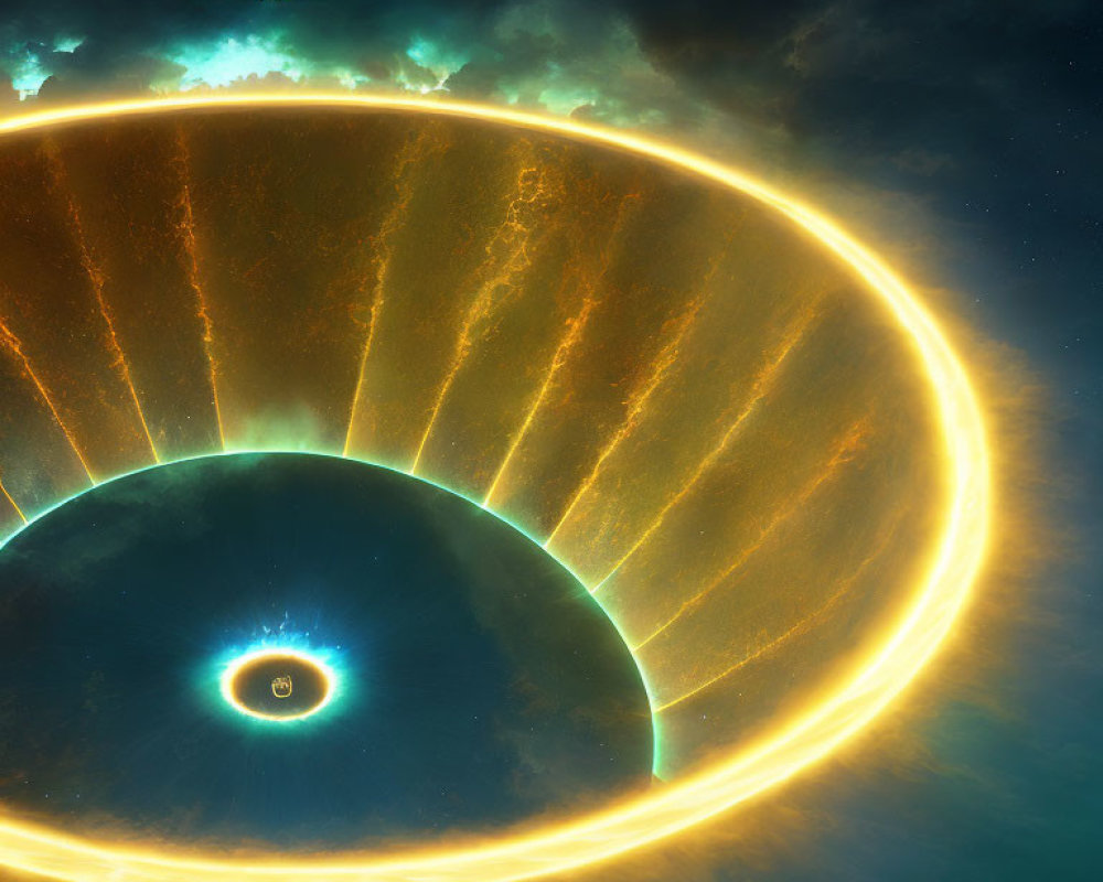Sci-fi space image: massive ring structure with glowing celestial body