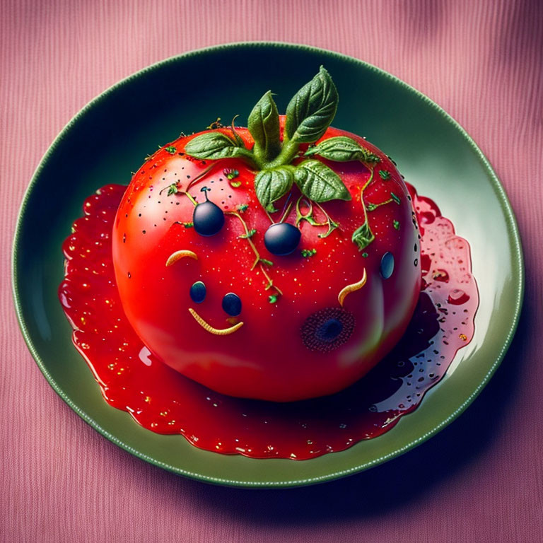 Colorful illustration: Smiling tomato with blueberries on green plate