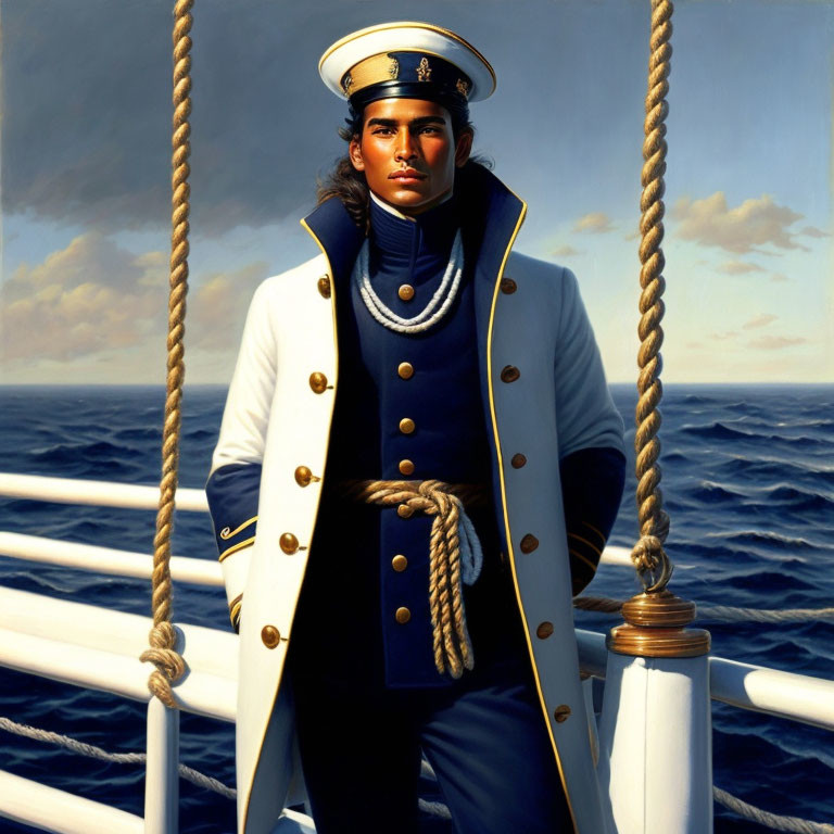 Digital painting of confident man in naval officer uniform on ship.