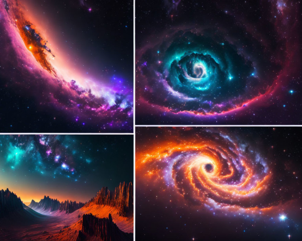 Four Vibrant Space Images: Galaxies, Nebulae, Mountain Landscape, Starry Sky