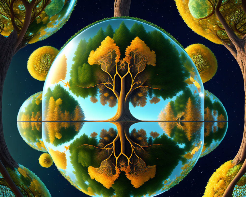 Mirrored spherical landscape with autumn tree and night sky