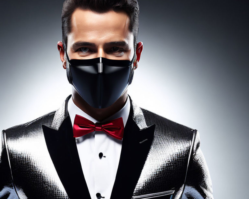 Fashionable man in silver tuxedo and red bow tie with black face mask on gray backdrop
